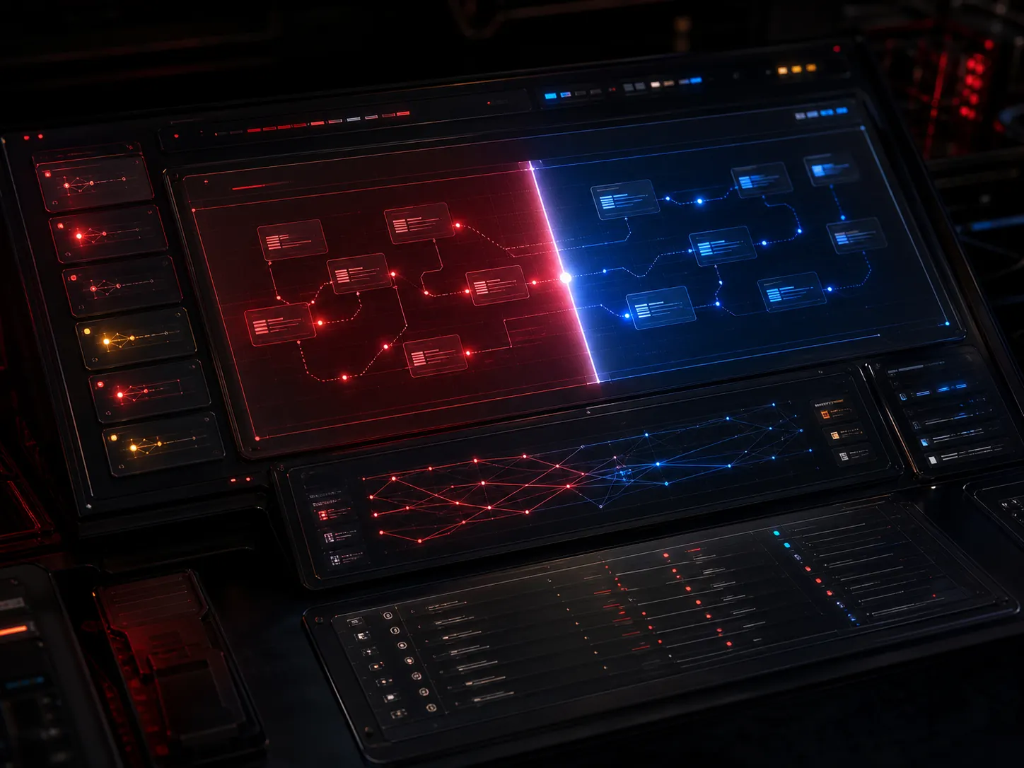 A dark war-room evidence panel showing abstract onchain receipts and red blue signal lanes