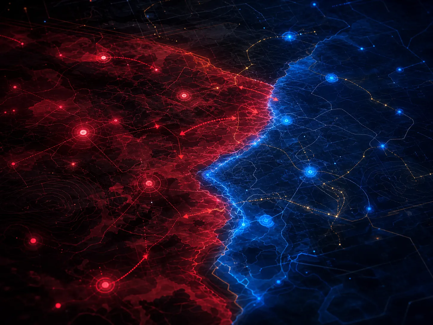 A red and blue tactical territory map with pressure vectors
